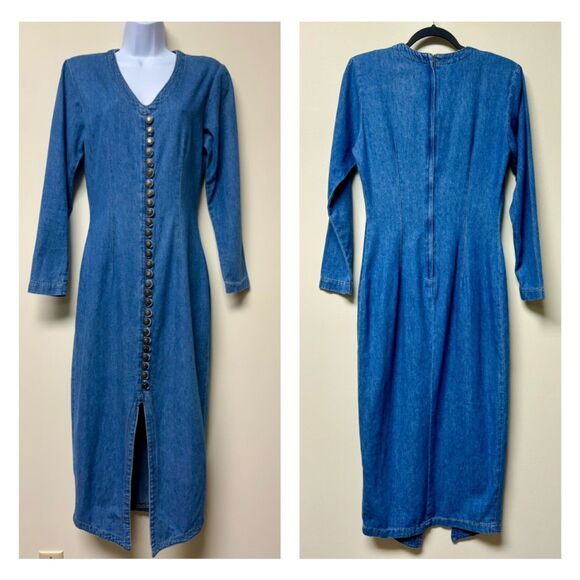 EXPRESS Vintage 80's Denim Long Sleeve Midi Dress Button Front V-Neck, Sz 6 - Picture 1 of 13